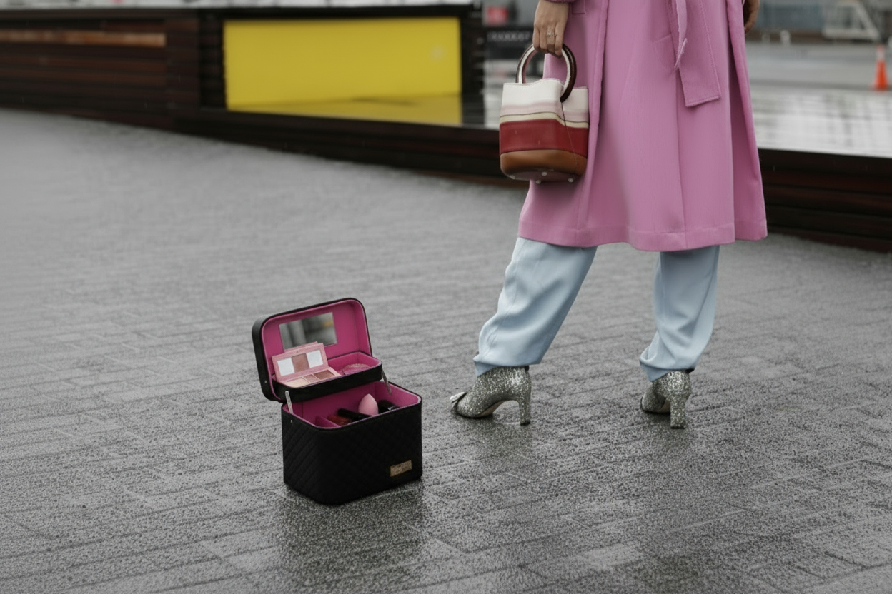 Black makeup case with pink interior on a pavement, people walking in the background