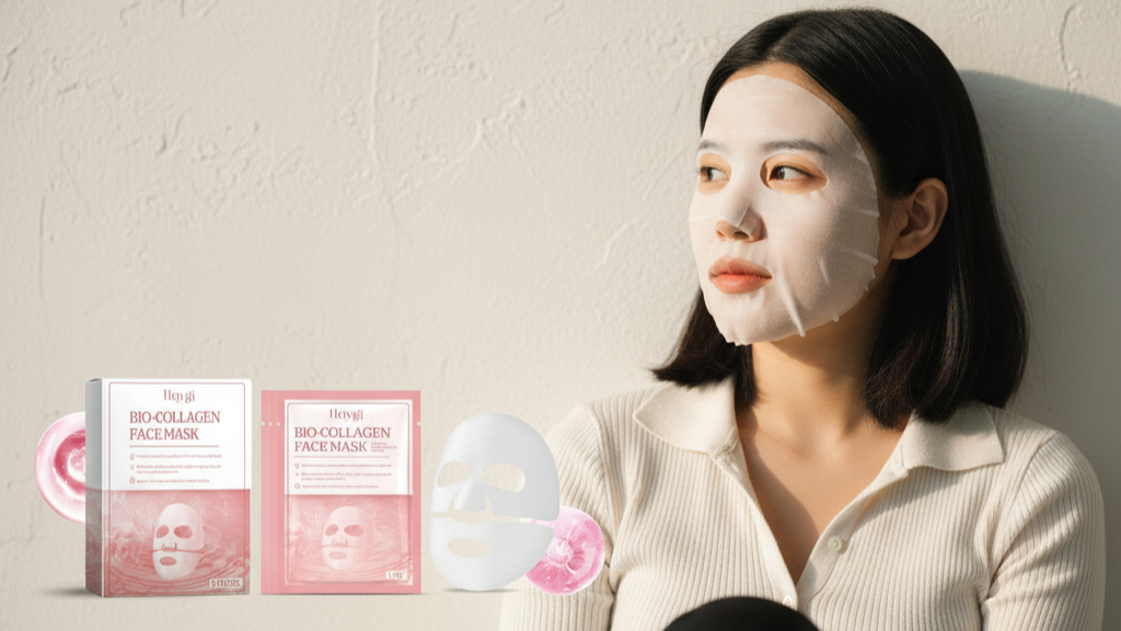 Woman wearing a facial mask with Nga! skincare products on a neutral background