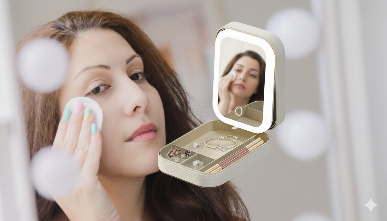 Woman using a handheld mirror with LED lights to apply makeup.