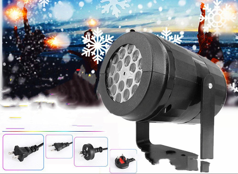 Christmas light projector with snowflake patterns on a festive background