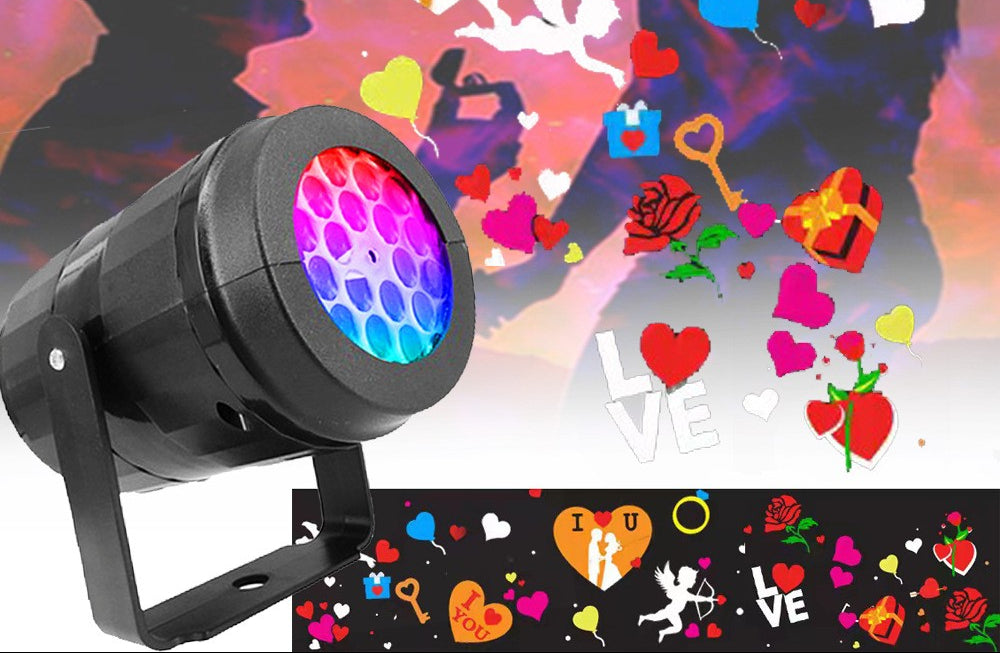 Colorful light projector with romantic-themed design on a colorful background